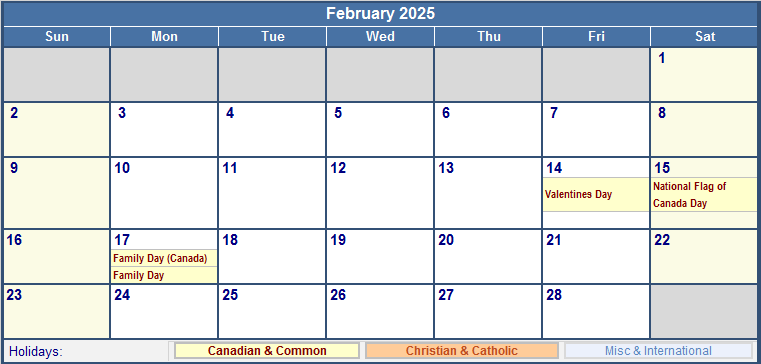 February 2025 Canada Calendar with Holidays for printing (image format)