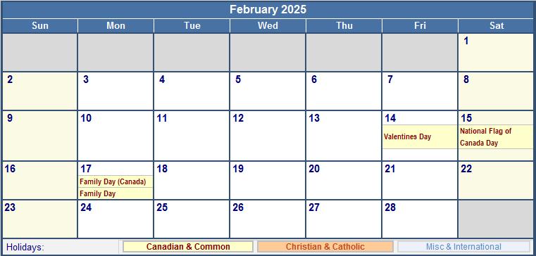 February 2025 Canada Calendar With Holidays For Printing image Format 