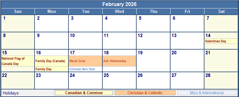 February 2026 Printable Calendar with Canada, Christian & International Holidays