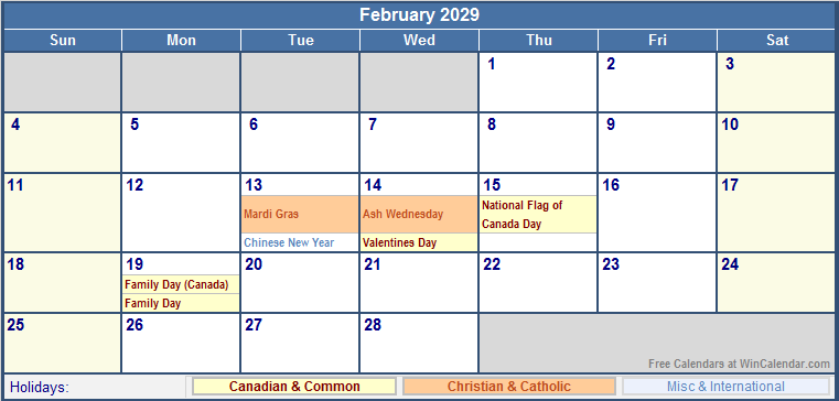 February 2029 Printable Calendar with Canada, Christian & International Holidays