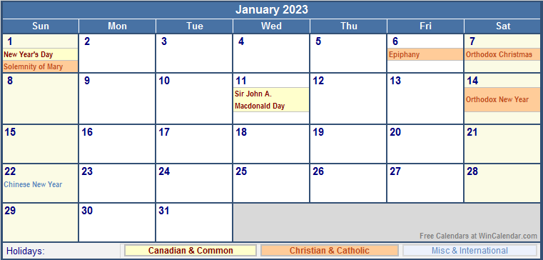 January 2023 Printable Calendar with Canada, Christian & International Holidays