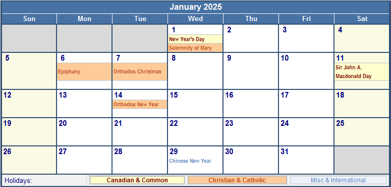 January 2025 Canada Calendar With Holidays For Printing image Format 