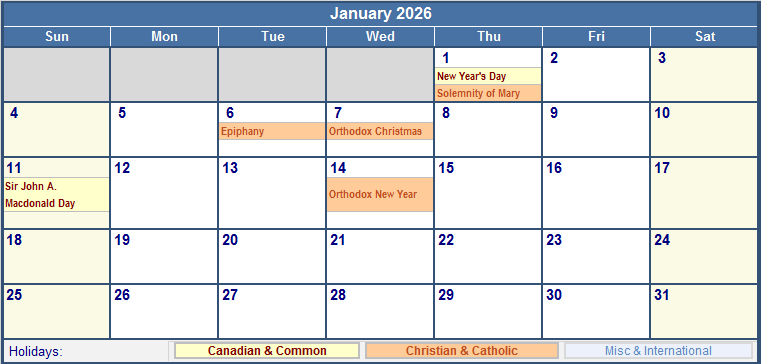 January 2026 Printable Calendar with Canada, Christian & International Holidays