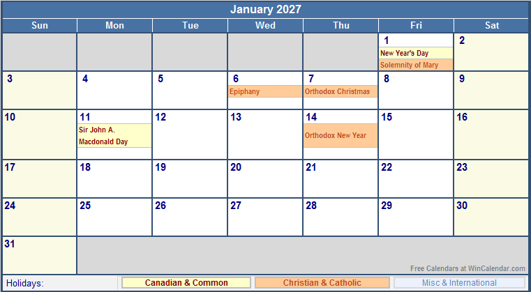 January 2027 Printable Calendar with Canada, Christian & International Holidays