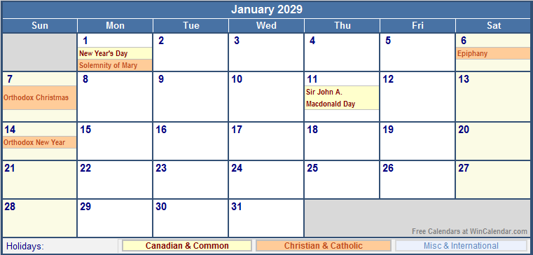 January 2029 Printable Calendar with Canada, Christian & International Holidays