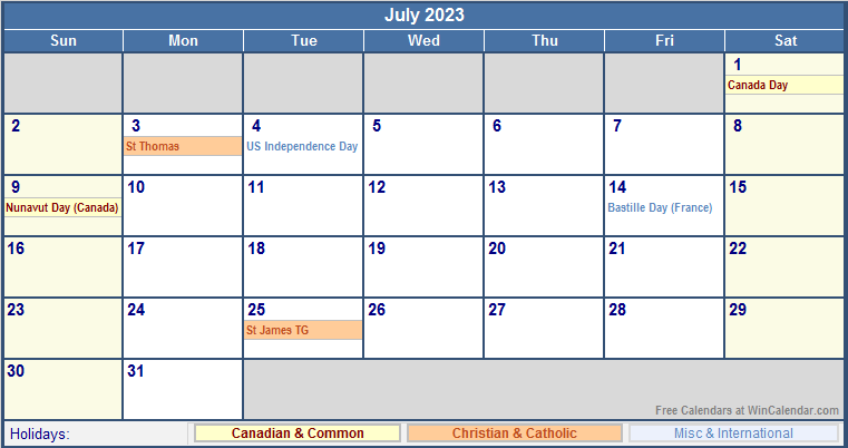 July 2023 Printable Calendar with Canada, Christian & International Holidays