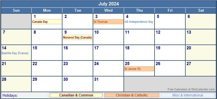July 2024 Printable Calendar with Canada, Christian & International Holidays