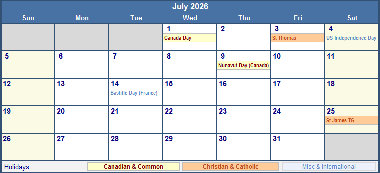 July 2026 Printable Calendar with Canada, Christian & International Holidays