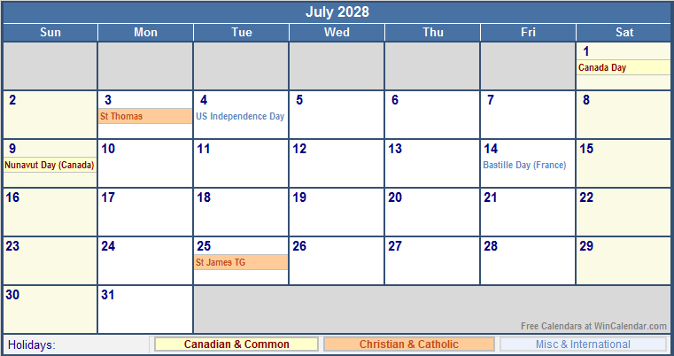 July 2028 Printable Calendar with Canada, Christian & International Holidays
