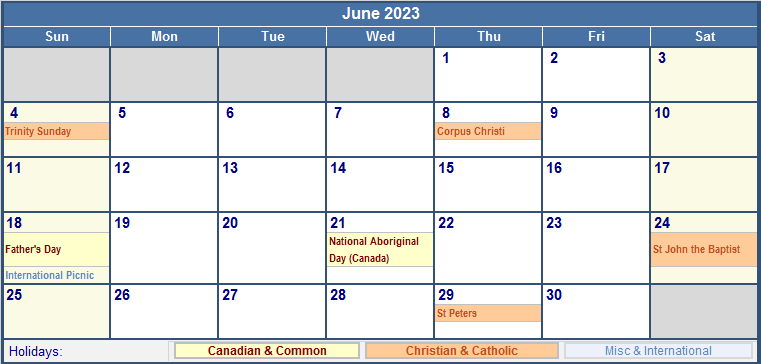 June 2023 Printable Calendar with Canada, Christian & International Holidays