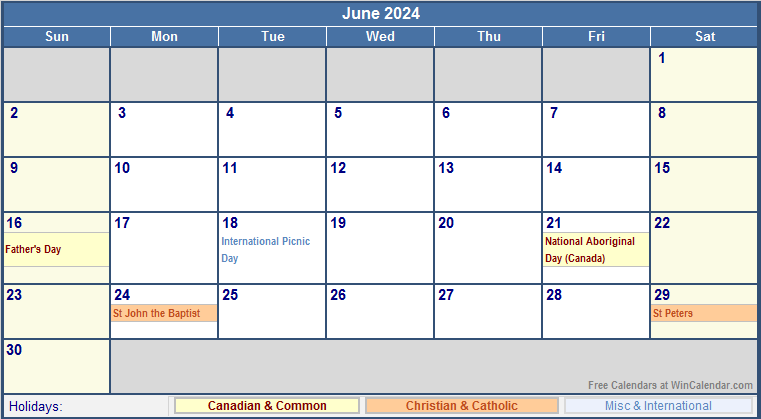 June 2024 Printable Calendar with Canada, Christian & International Holidays