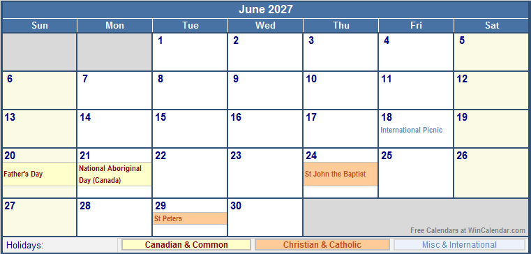 June 2027 Printable Calendar with Canada, Christian & International Holidays