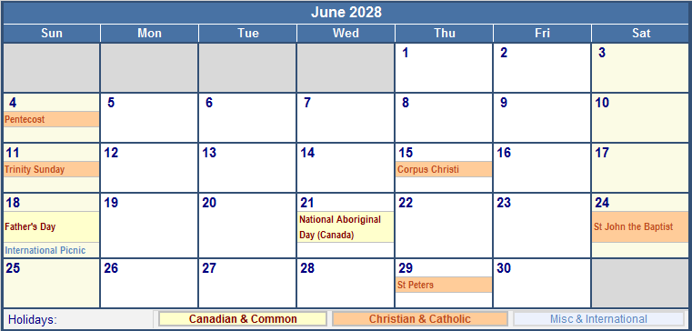 June 2028 Printable Calendar with Canada, Christian & International Holidays