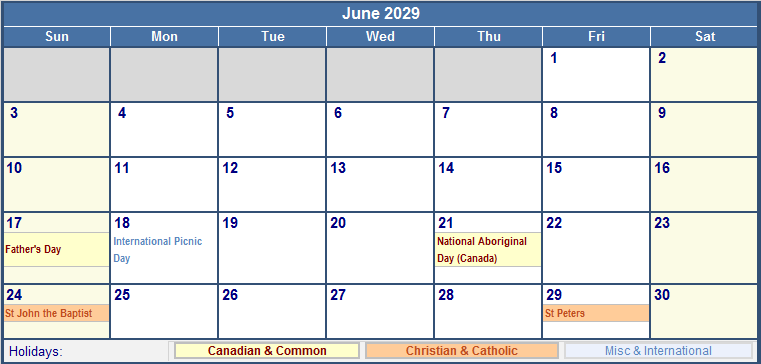 June 2029 Printable Calendar with Canada, Christian & International Holidays