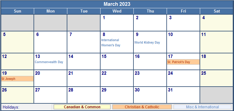 March 2023 Printable Calendar with Canada, Christian & International Holidays