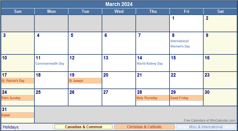 March 2024 Printable Calendar with Canada, Christian & International Holidays