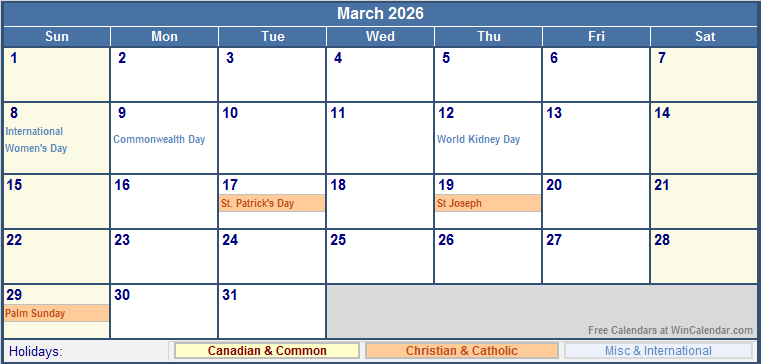 March 2026 Printable Calendar with Canada, Christian & International Holidays