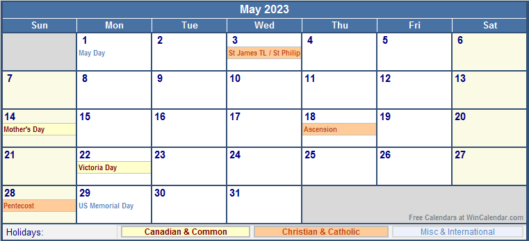 May 2023 Printable Calendar with Canada, Christian & International Holidays