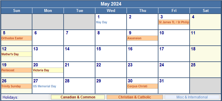 May 2024 Printable Calendar with Canada, Christian & International Holidays