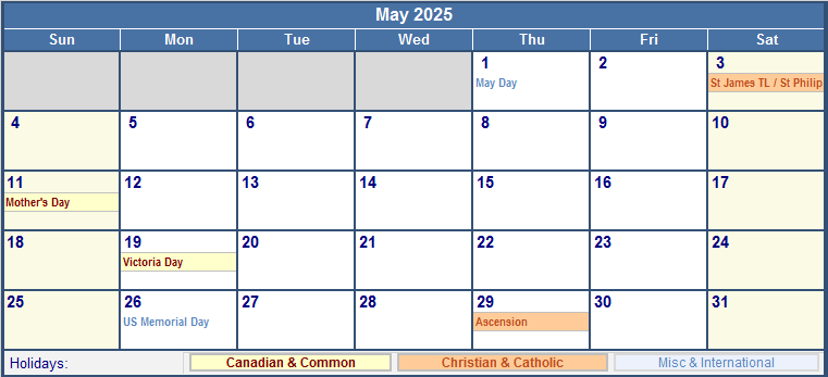 May 2025 Calendar Canada