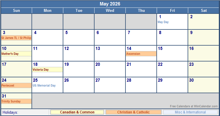 May 2026 Printable Calendar with Canada, Christian & International Holidays