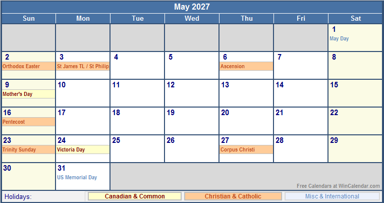 May 2027 Canada Calendar With Holidays For Printing Image Format