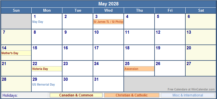 May 2028 Printable Calendar with Canada, Christian & International Holidays