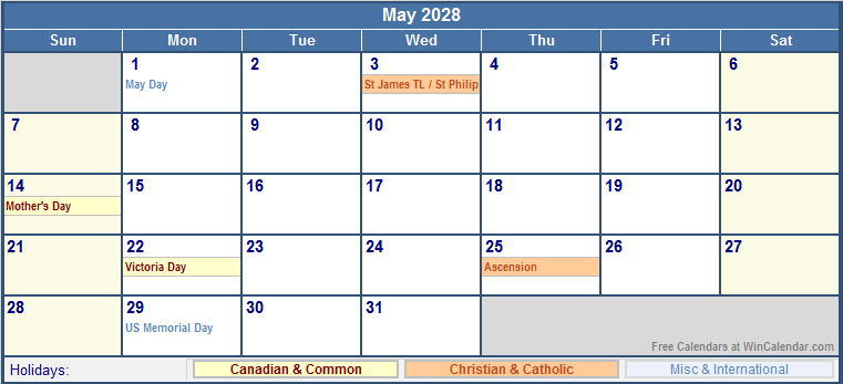 May 2028 Canada Calendar with Holidays for printing (image format)