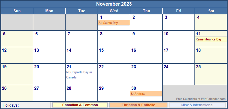 November 2023 Printable Calendar with Canada, Christian & International Holidays