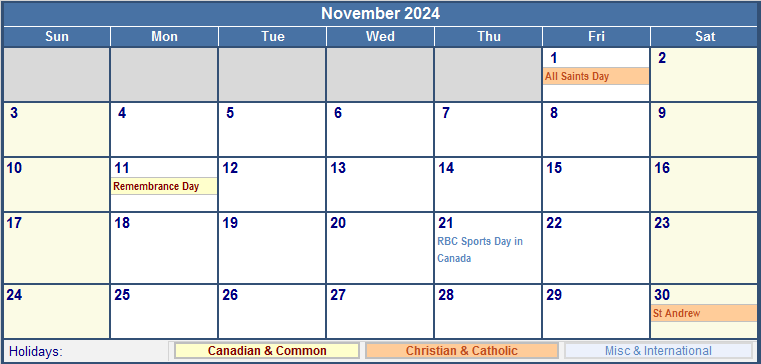 November 2024 Canada Calendar with Holidays for printing (image format)