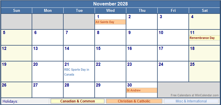 November 2028 Printable Calendar with Canada, Christian & International Holidays