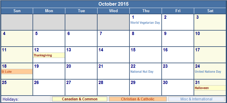 October 15 Canada Calendar With Holidays For Printing Image Format