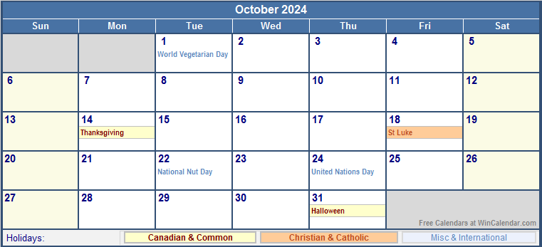 October 2024 Canada Calendar with Holidays for printing (image format)