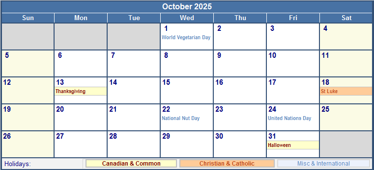 October 2025 Canada Calendar with Holidays for printing (image format)