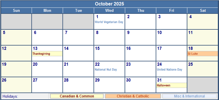 October 2025 Canada Calendar With Holidays For Printing image Format 