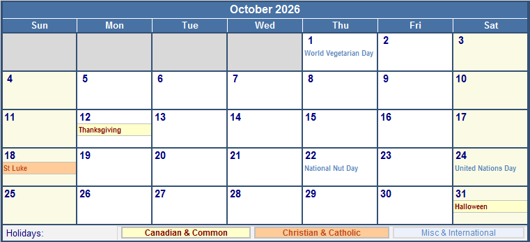 October 2026 Printable Calendar with Canada, Christian & International Holidays