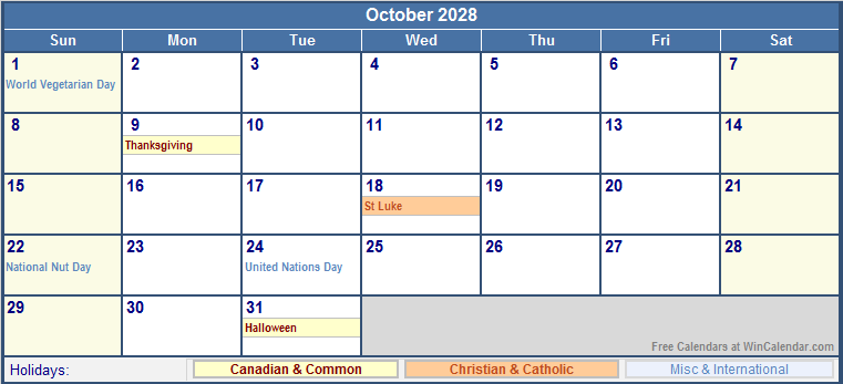 October 2028 Printable Calendar with Canada, Christian & International Holidays