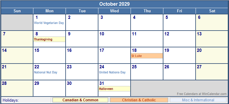 October 2029 Printable Calendar with Canada, Christian & International Holidays