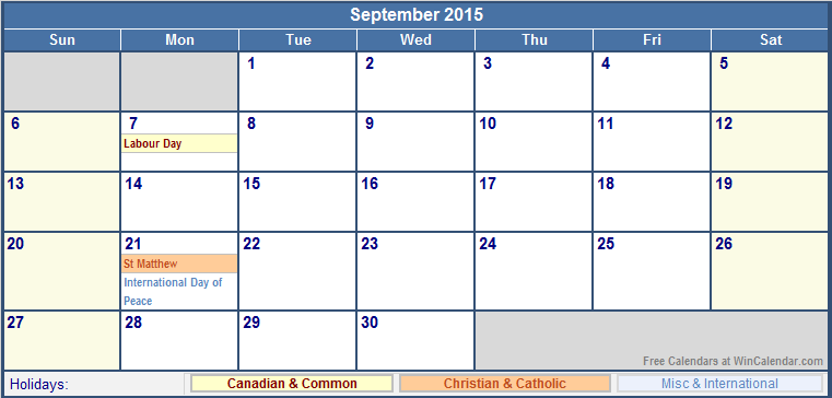 September 2015 Printable Calendar with Canada, Christian & International Holidays