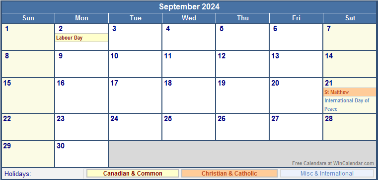 September 2024 Canada Calendar with Holidays for printing (image format)