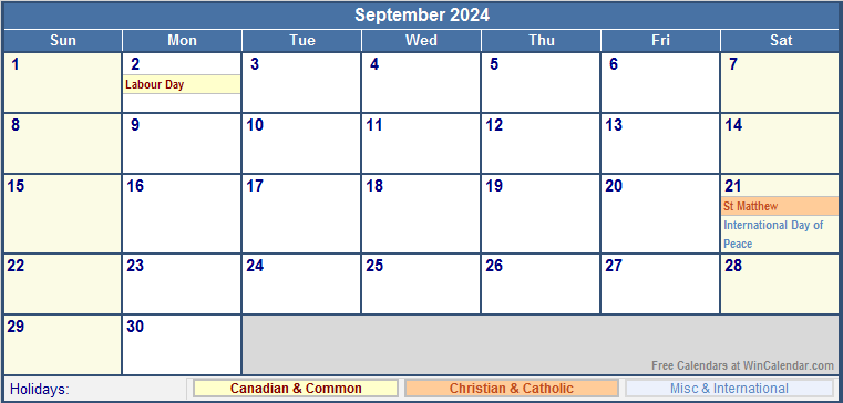 September 2024 Canada Calendar With Holidays For Printing image Format 