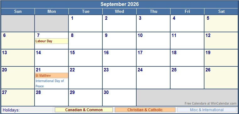 September 2026 Printable Calendar with Canada, Christian & International Holidays