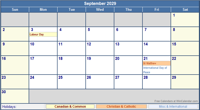 September 2029 Printable Calendar with Canada, Christian & International Holidays