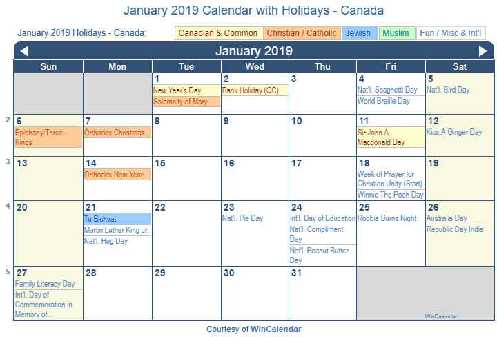 2019 January Calendar Canada