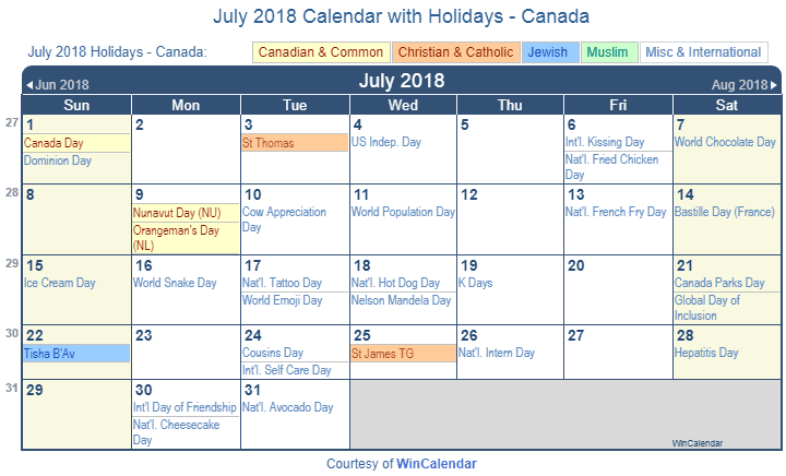 July 2018 Calendar Canada