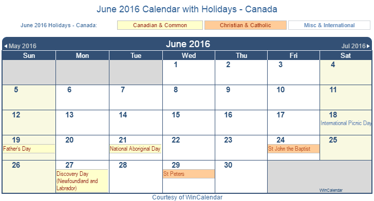 Print Friendly June 16 Canada Calendar For Printing