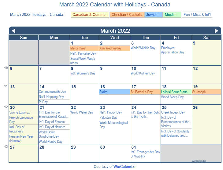 March 2022 Calendar Canada Printable.Print Friendly March 2022 Canada Calendar For Printing