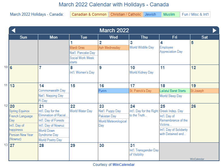 Print Friendly March 2022 Canada Calendar for printing