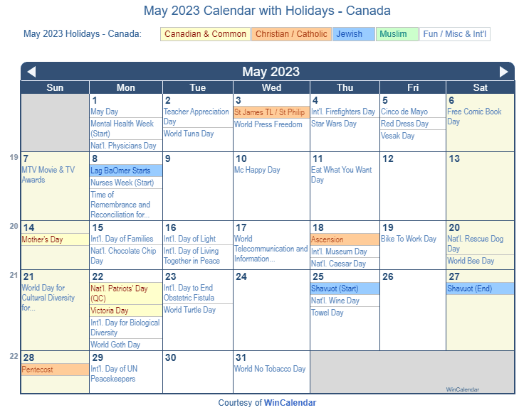 May 2023 Calendar with Canada Holidays to Print