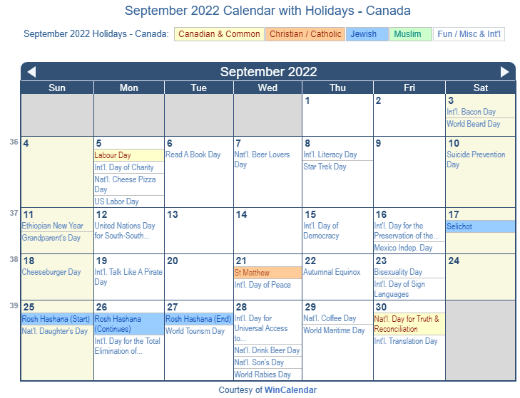 September 2022 Calendar with Canada Holidays to Print